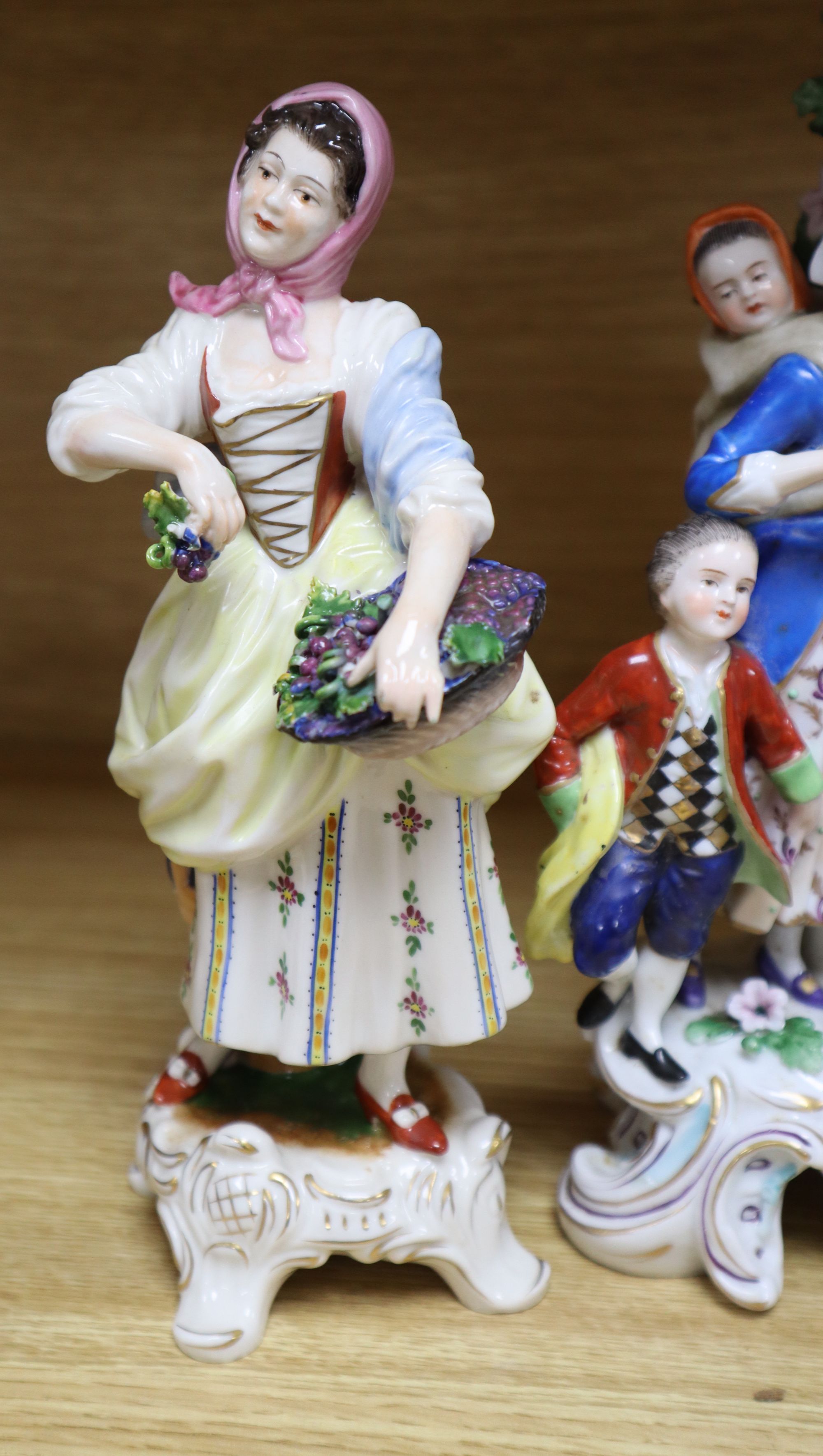 A Hochst porcelain shepherd and shepherdess group and four other modern Continental figures